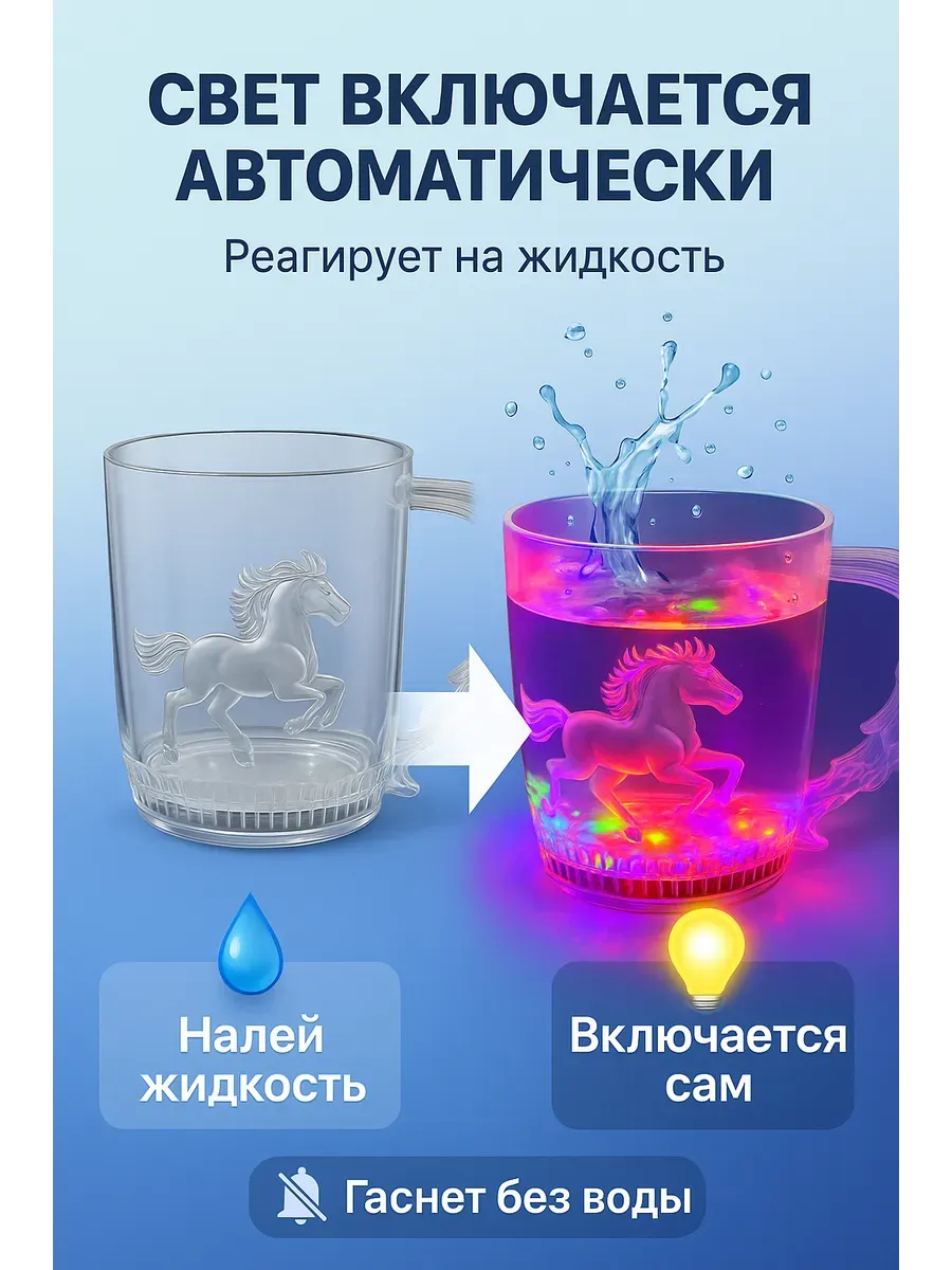 Светящийся стакан с подсветкой и рисунком лошади